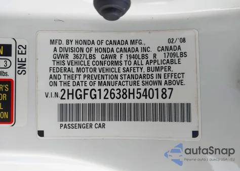 2008 Honda Civic Lx из США, поврежденный, VIN 2HGFG12638H540187